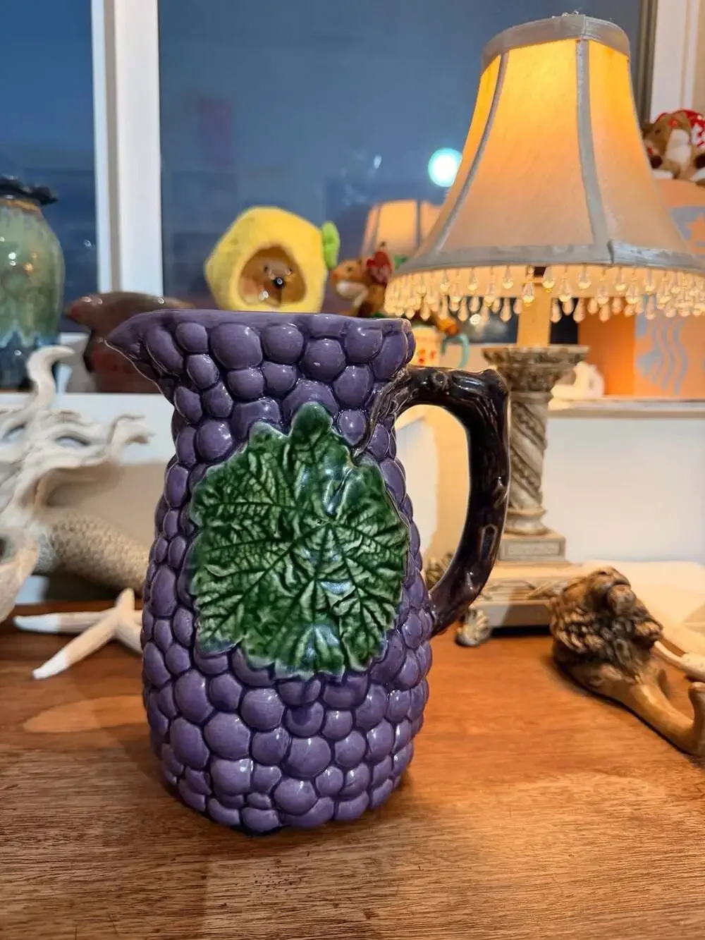 Jay Willfred Purple Grape and Green Leaf Majolica Ceramic Pitcher Jug